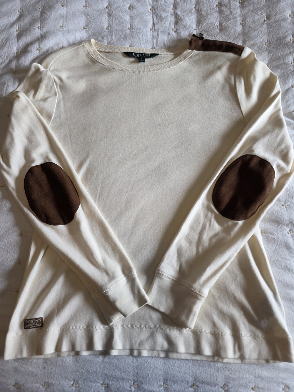 Lauren Ralph Lauren Cream Crewneck Sweater with Brown Elbow Patches
